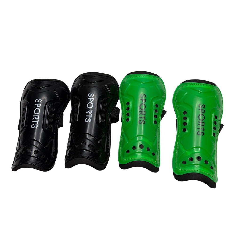 2 Pairs Youth Soccer Shin Guards Black and Neon Green Adjustable Straps 7 Inch